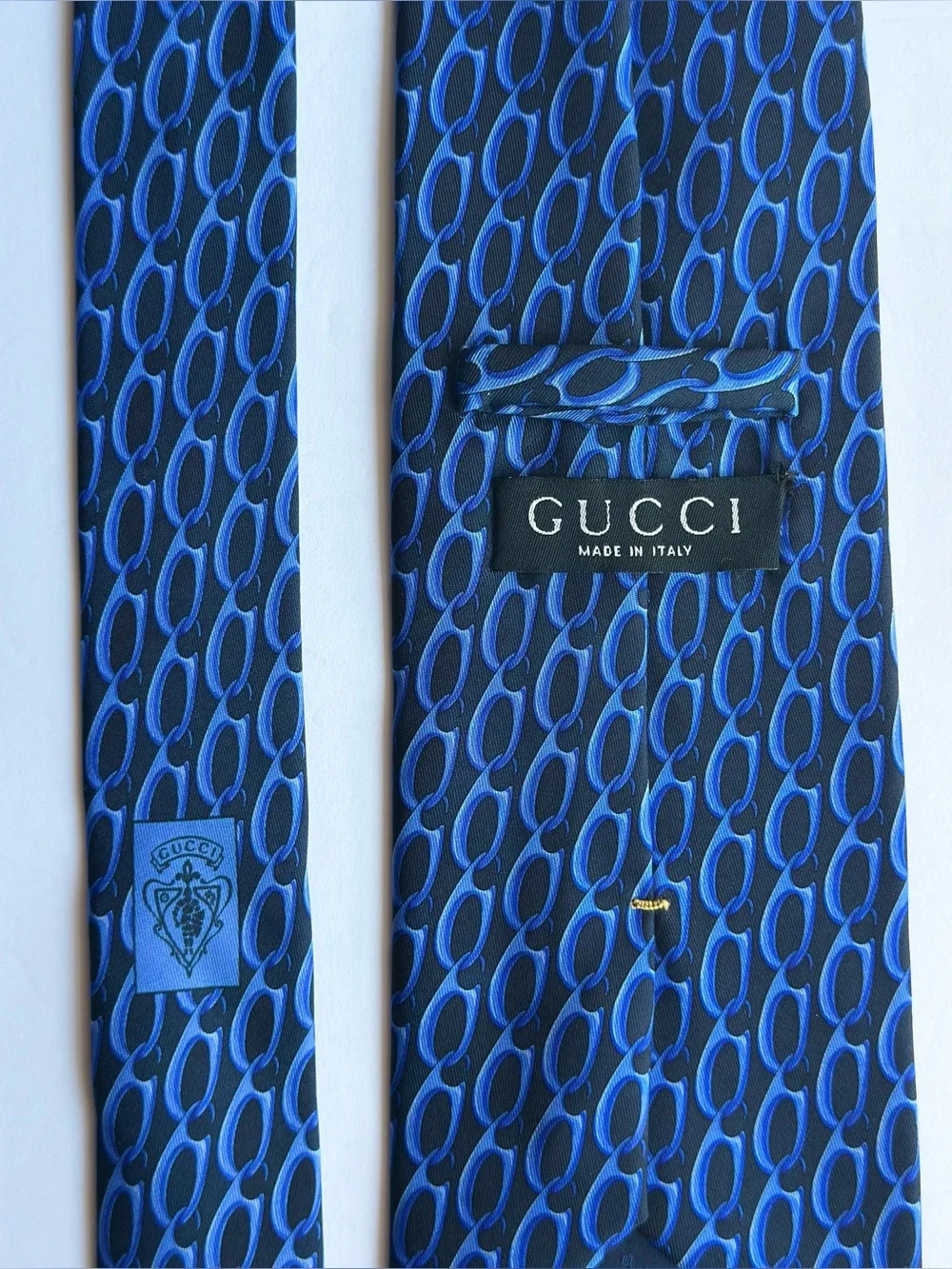 Vintage Gucci Silk Tie Blue Black Repeating Oval Pattern Made In Italy